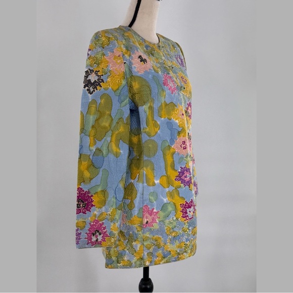 Mary McFadden Couture Silk Quilted Floral Jacket w/ Glass Bead Buttons – Size 10 - Picture 13 of 16